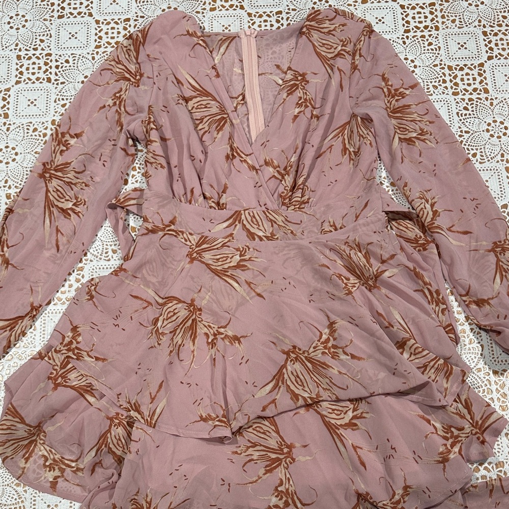 Floral Pink and Brown Long Sleeve Dress